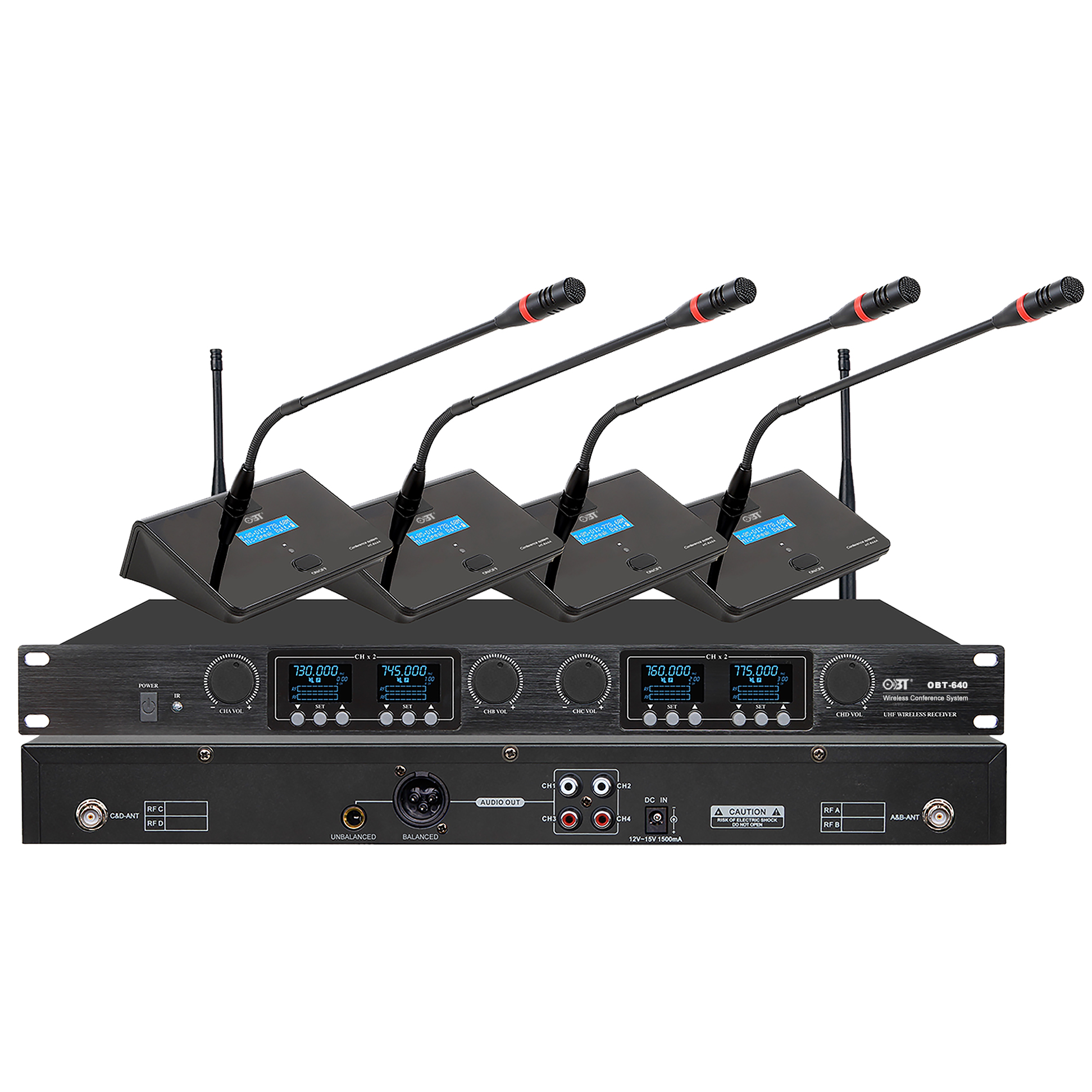 U段無線會議系統(tǒng)一拖四無線話筒套裝 OBT-640